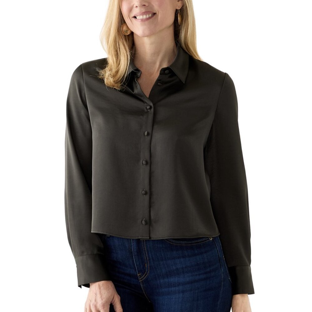 Jason Wu Long Sleeve Cropped Button Down Shirt in Carbon Black, L